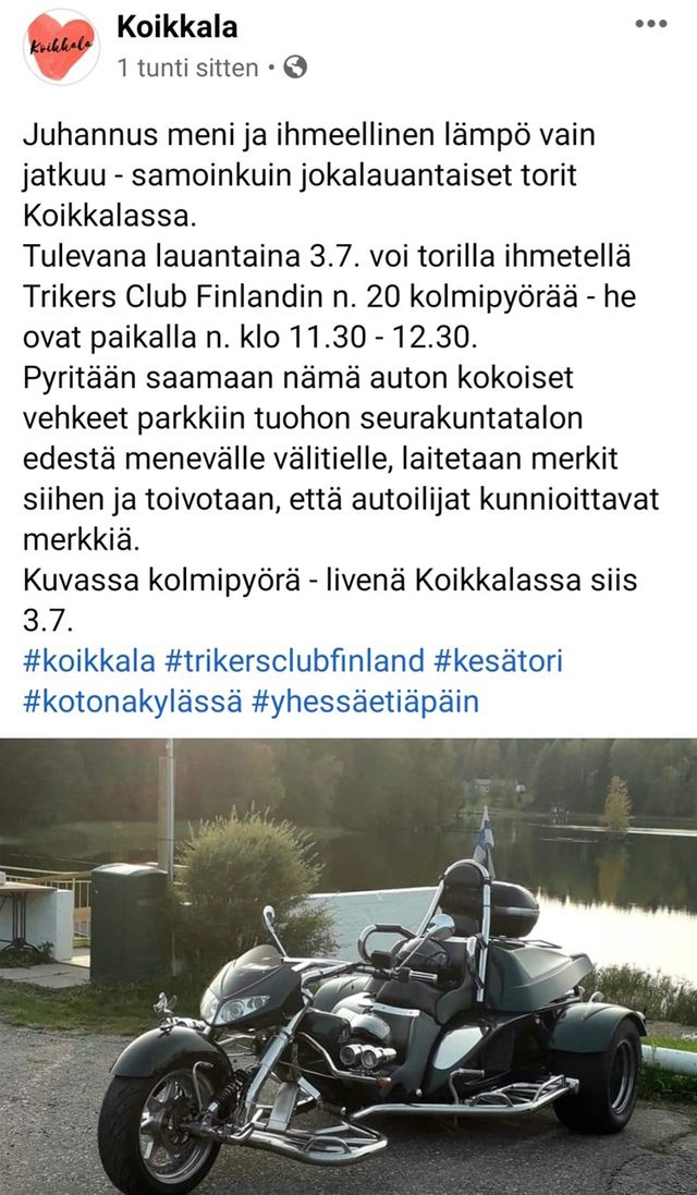 Juvan kesäpäiviltä ajolenkki Koikkalaan. Kuvakaappaus Koikkala facebook sivulta.